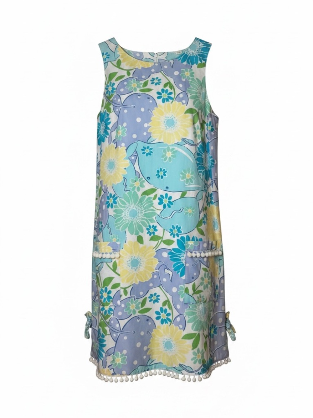 Lilly Pulitzer Bright Whale Floral Summer Print Shift Dress Pom Pom Trim Size 10